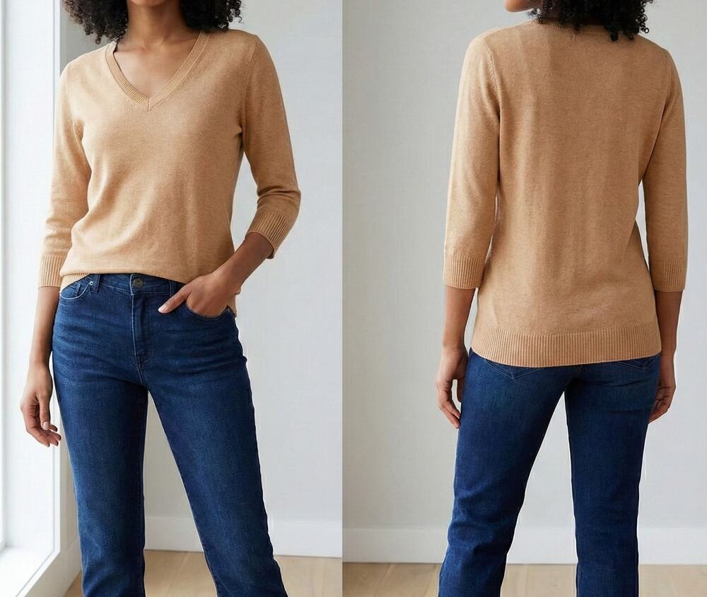 Karen Scott Womens Large V Neck 3/4 Sleeve Sweater 100% Acrylic Camel Tan